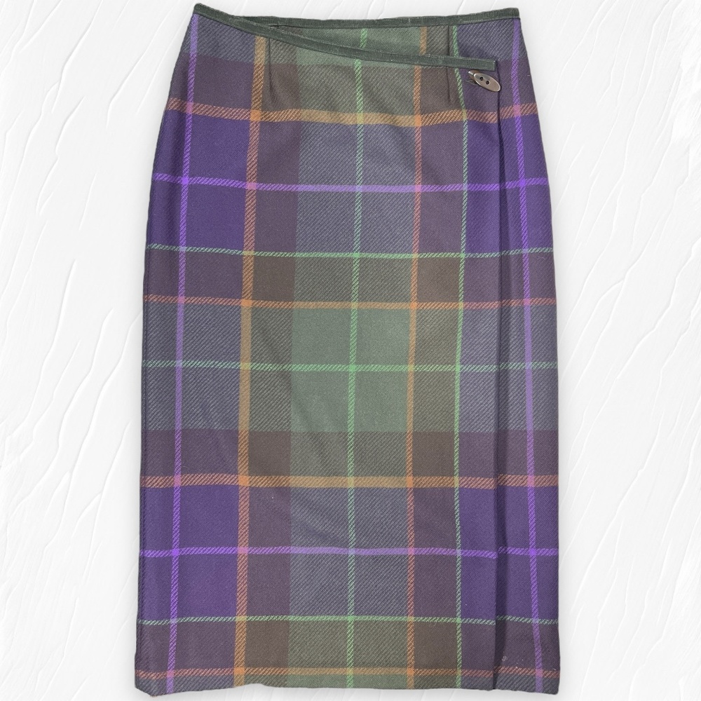 Vintage Talbots Wrap Skirt 100% Wool Purple Green Plaid Midi Size 14 Petite 14P